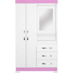 Roupeiro Notável 2 Portas  3 Gavetas NT 5170 Com Espelho Branco/Rosa