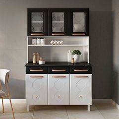 Kit de Aço Telasul Mirage 3 Portas 3 Gavetas Com Vidro Branco Preto