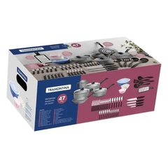 Kit Cozinha Tramontina 47 peças com Panelas Antiaderentes, Talheres, Facas e Utensílios Domésticos Grafite