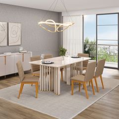 Conjunto Sala DJ Luma Tampo Chanfrado 1,80x1,00m Com Vidro e 6 Cadeiras Sofia Linho Bege Off Off Dourado