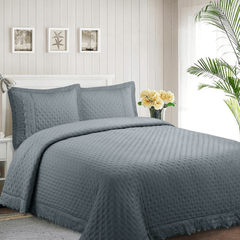 Kit Colcha Adomes Bordado Inglês 3 Peças Queen Cinza