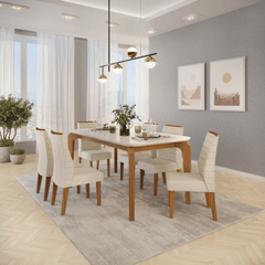 Conjunto Sala DJ Rouge Tampo Chanfrado 1,80 x0,90 Curvo Com Vidro e 6 Cadeiras Ondina Linho Neve Freijó Off