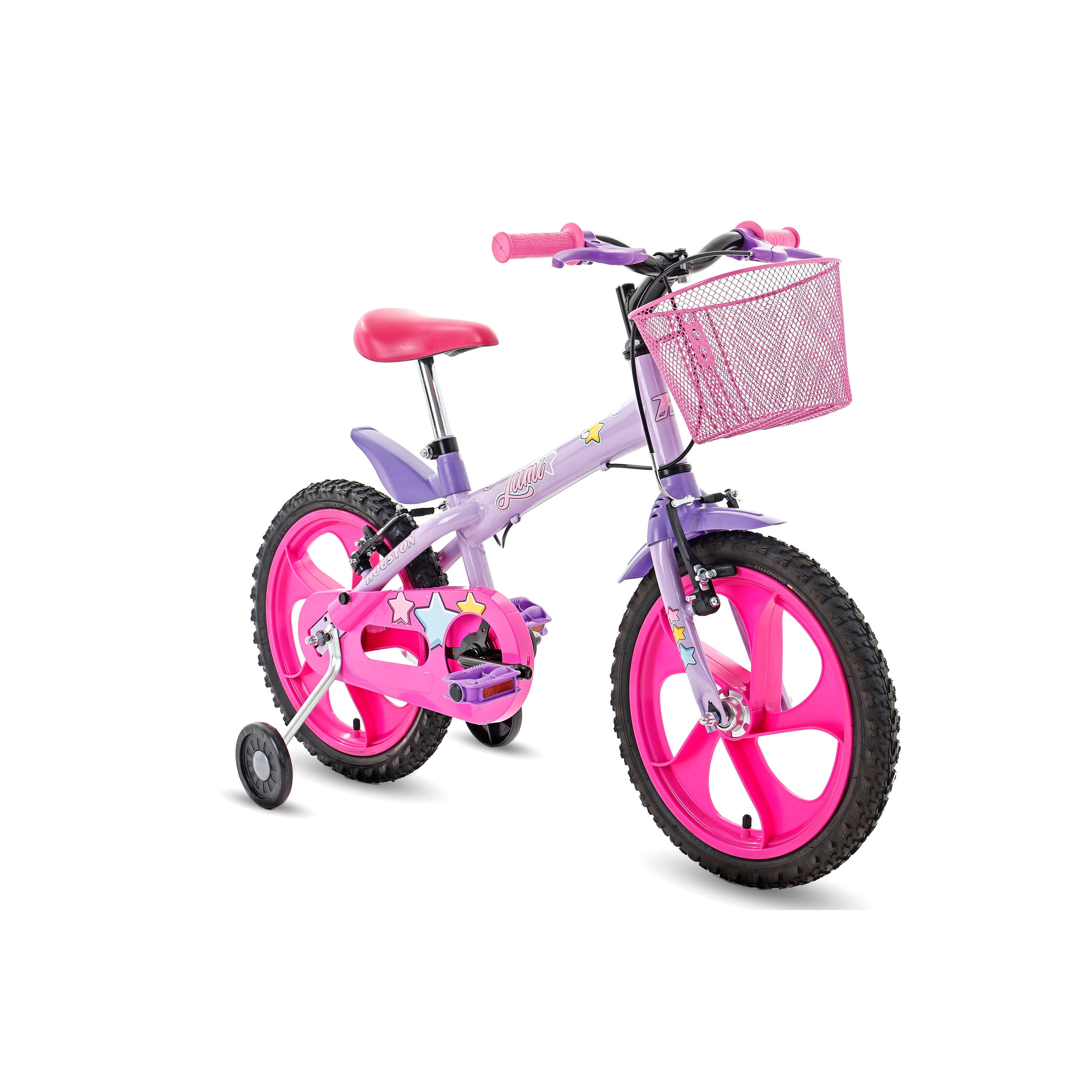 Bicicleta Infantil Houston Aro 16 Lumi Lilás,Com Rodinhas e Cestinha.