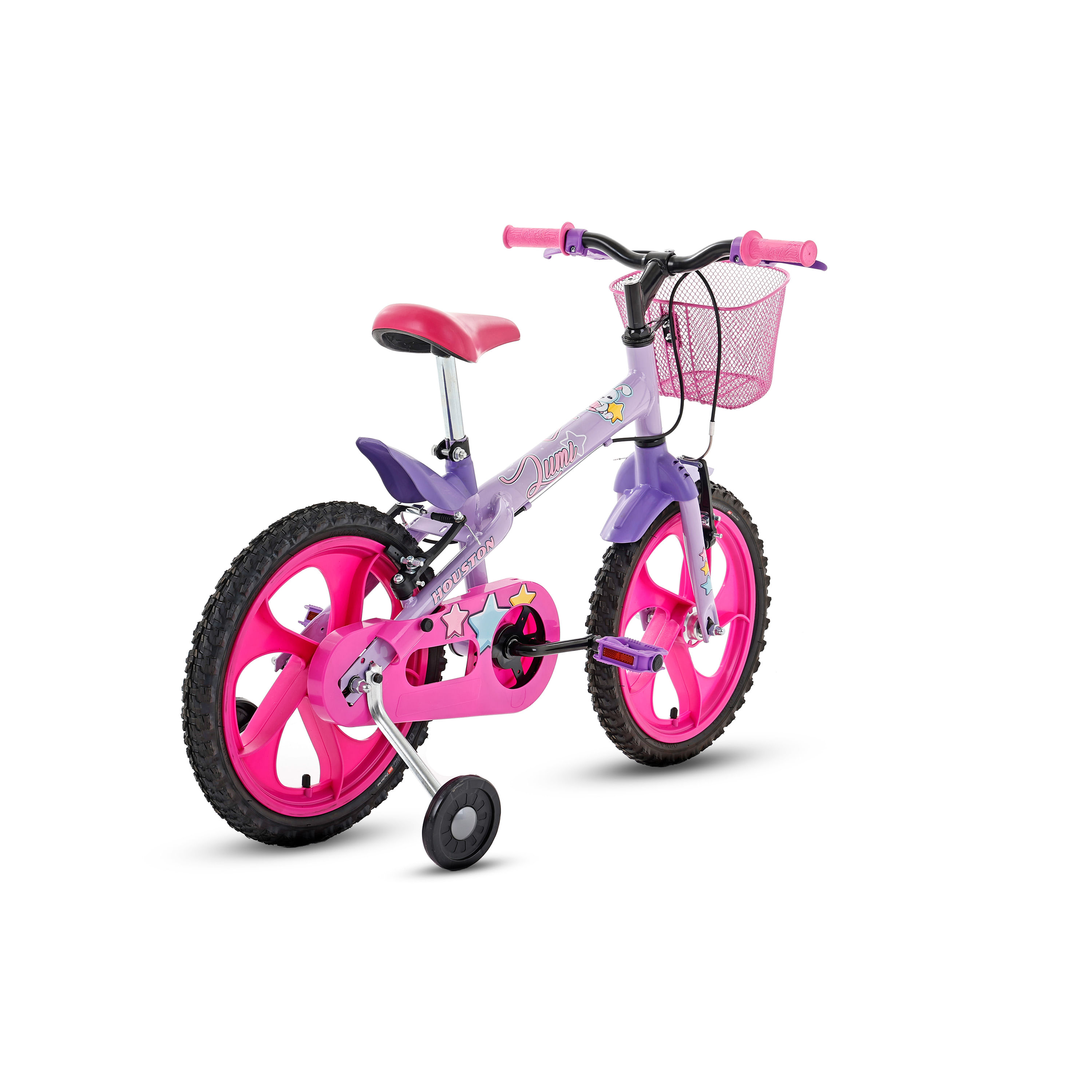 Bicicleta Infantil Houston Aro 16 Lumi Lilás,Com Rodinhas e Cestinha.