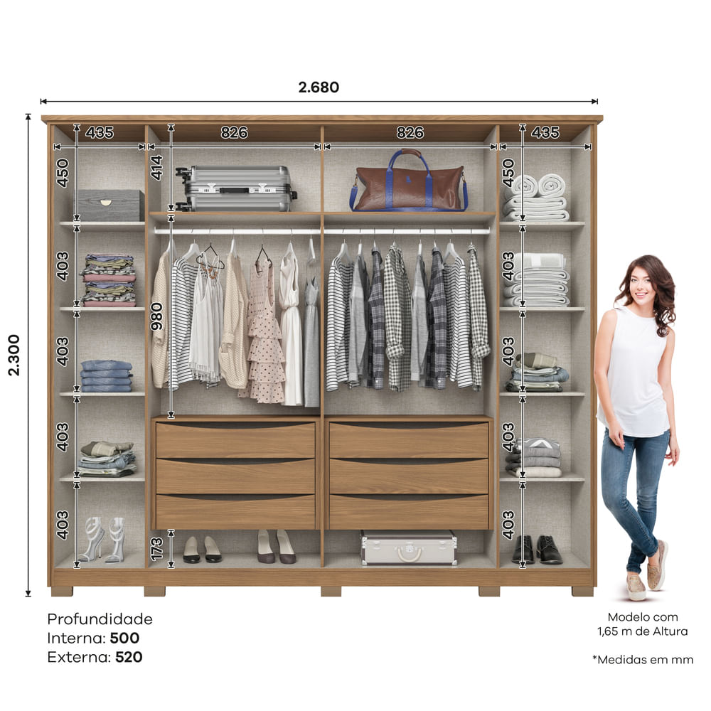 Roupeiro Henn Dubai 6 Portas 6 Gavetas Nature Off White
